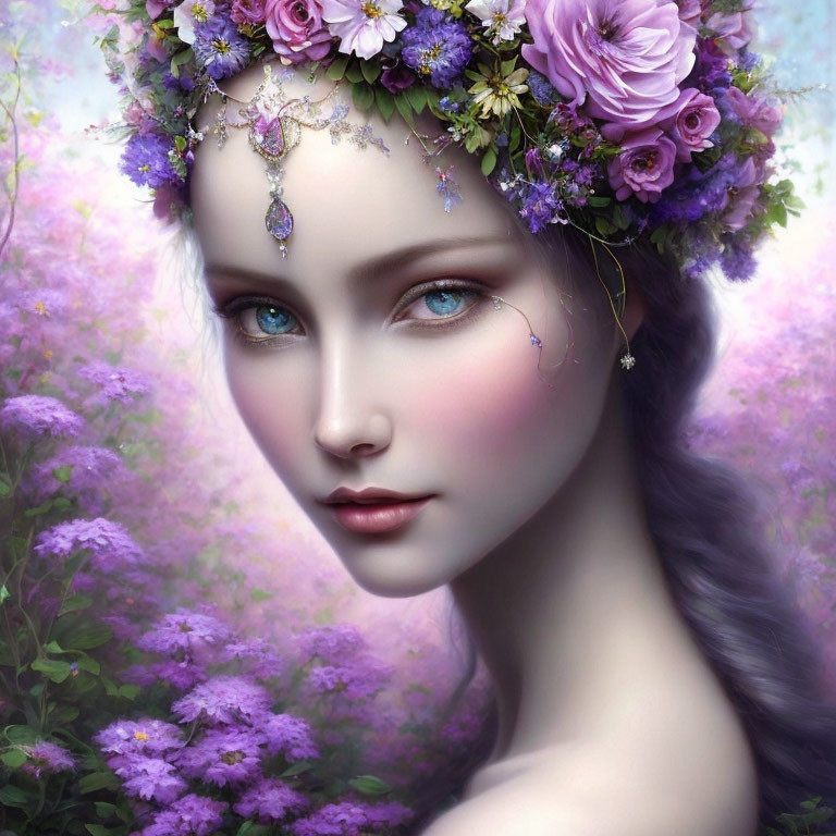 Woman with Striking Blue Eyes in Flower Crown on Purple Floral Background