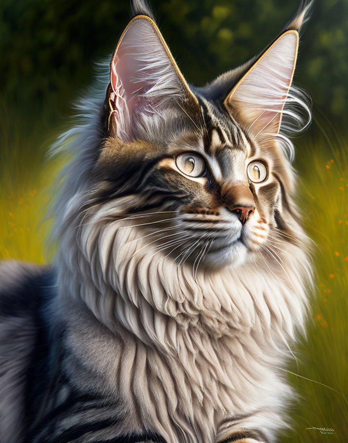 Realistic digital painting of majestic Maine Coon cat with striking fur patterns, large pointy ears,