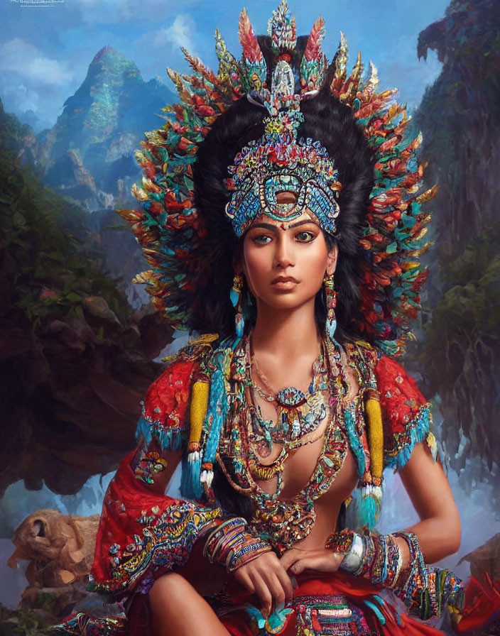Colorful Woman with Detailed Headdress and Traditional Outfit in Mountainous Setting