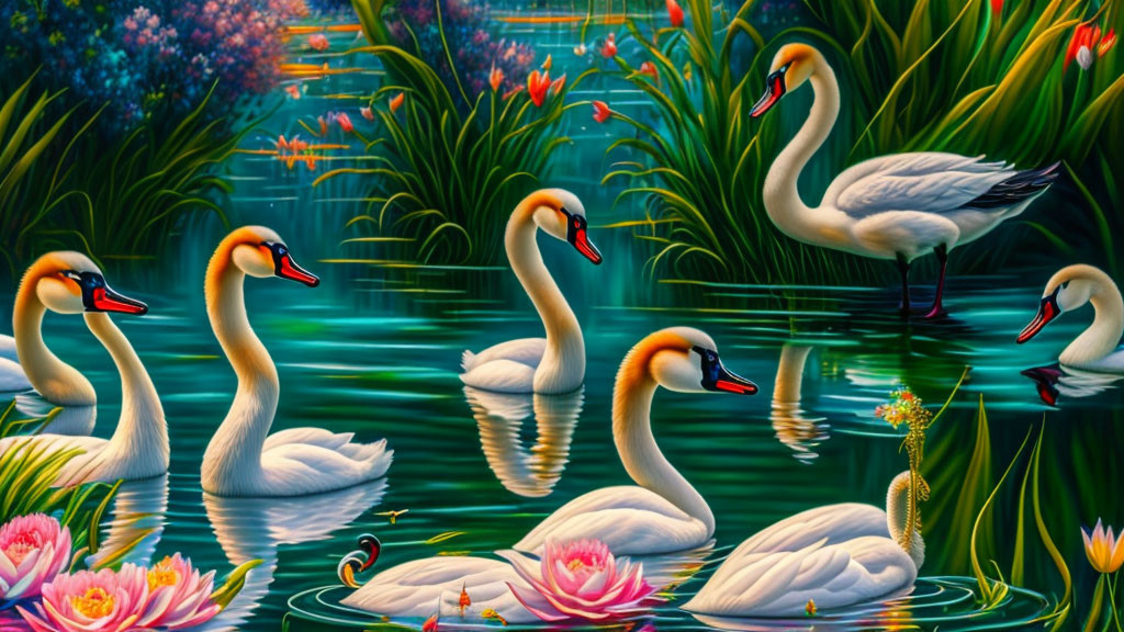 Colorful Swans Swimming Among Waterlilies in Pond