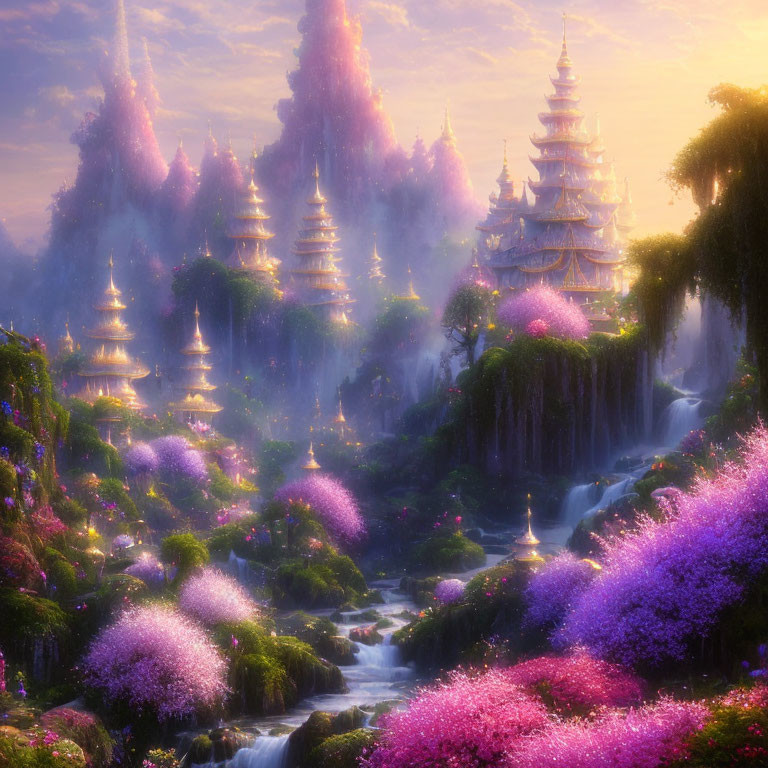 Fantasy landscape with waterfalls, pink trees, and pagoda towers in misty light