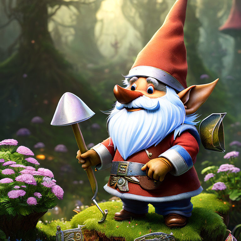 Illustration of garden gnome with red hat and blue coat in mystical forest