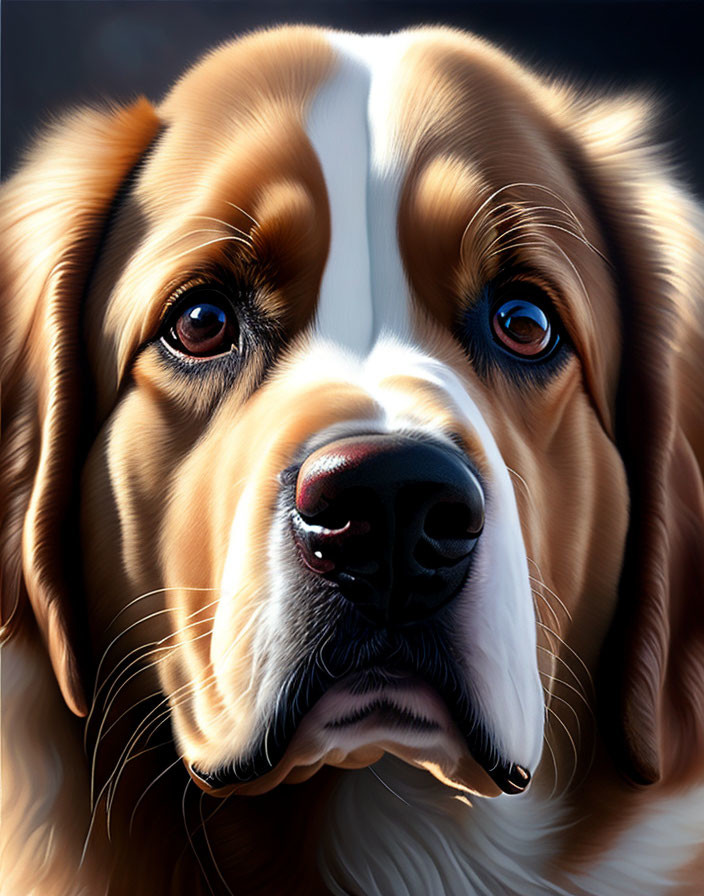 Brown and White Dog with Blue Eyes and Black Nose in Close-up Portrait