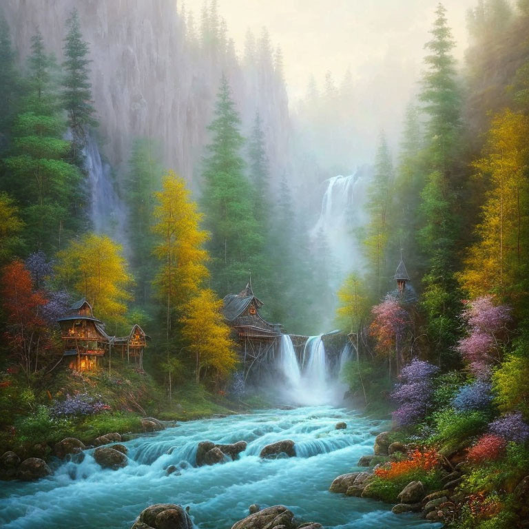 Serene autumn landscape with waterfall, river, and wooden houses