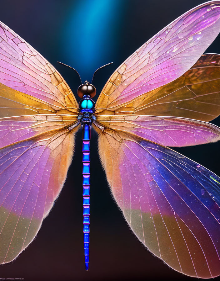 Colorful dragonfly with iridescent wings on gradient background.