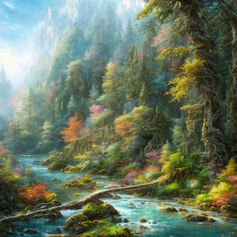 Tranquil Autumn Forest Landscape with River and Sunlight