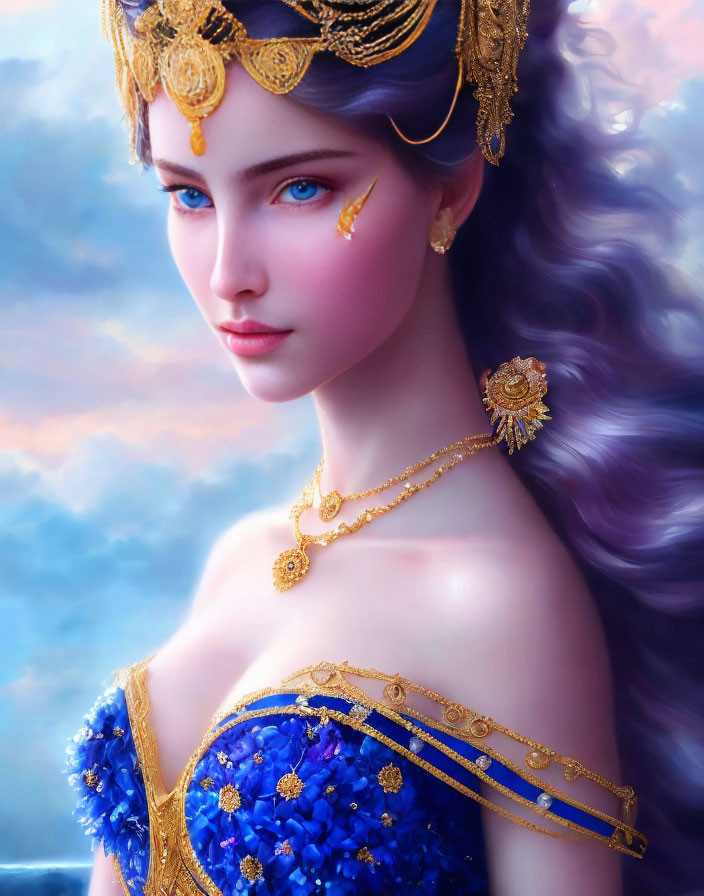 Illustration of woman with blue eyes and purple hair in ornate blue and gold dress against cloudy sky