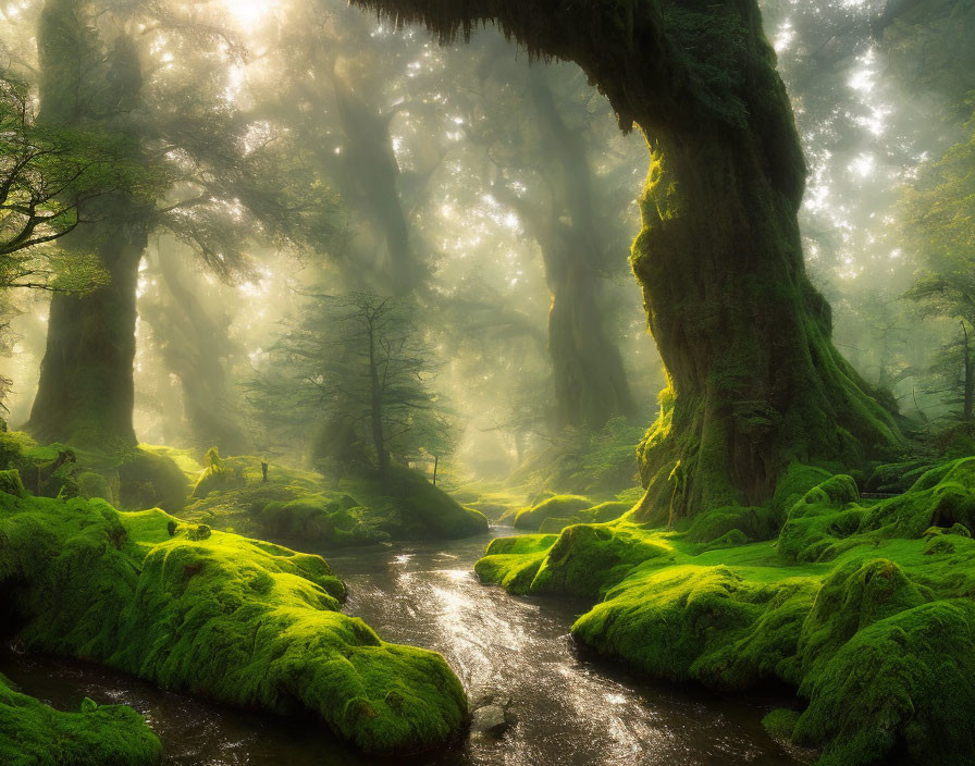 Tranquil Forest Scene with Sunlight, Moss-Covered Trees, and Meandering Stream