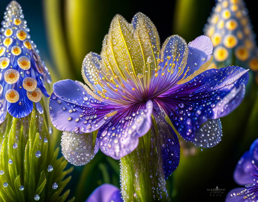 Delphinium flower with dew drops