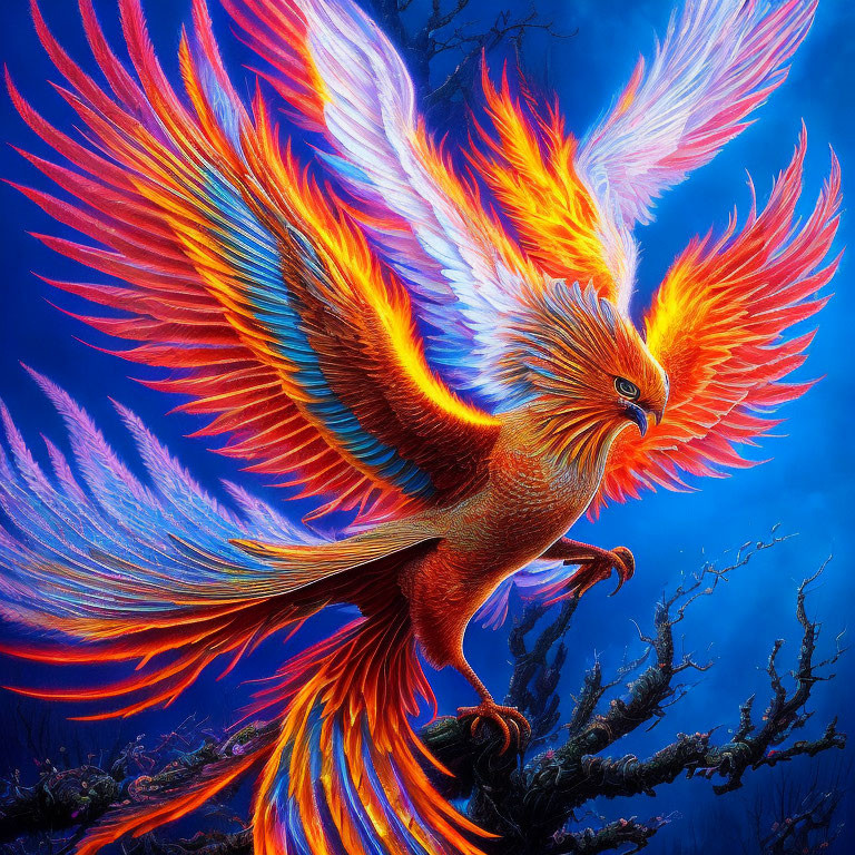 Colorful Phoenix with Red, Orange, and Blue Feathers on Blue Background