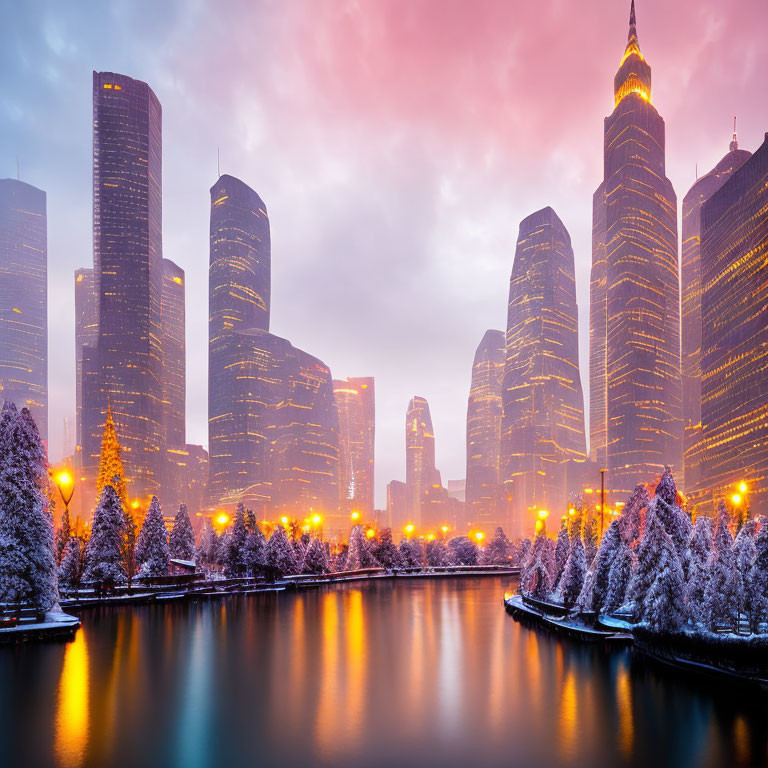 Snow-covered trees and illuminated skyscrapers in a winter cityscape at dusk