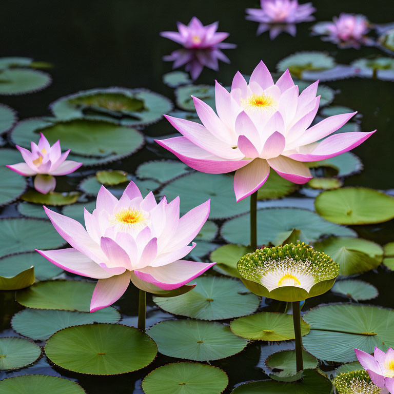 Pink Lotus Flowers and Lily Pads on Water Surface