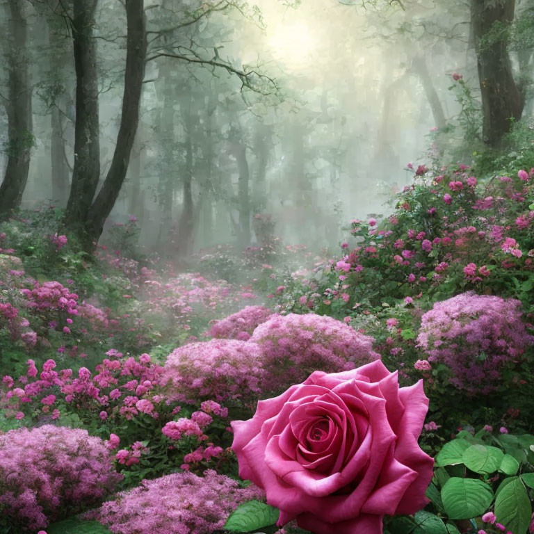 Enchanting forest scene with giant pink rose and blooming shrubs