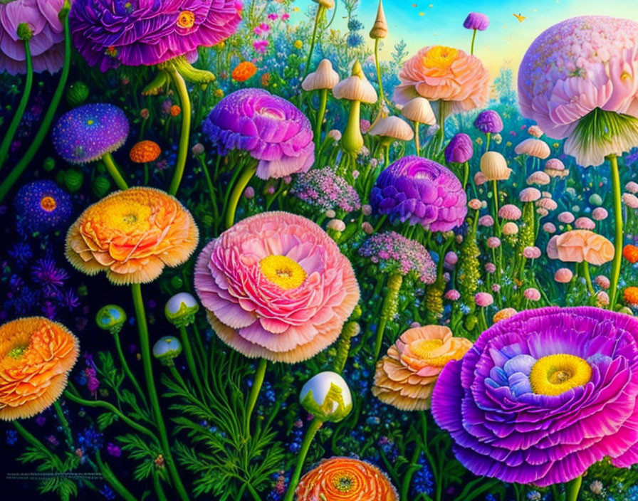Colorful digital artwork of oversized flowers and mushrooms in a vibrant garden setting