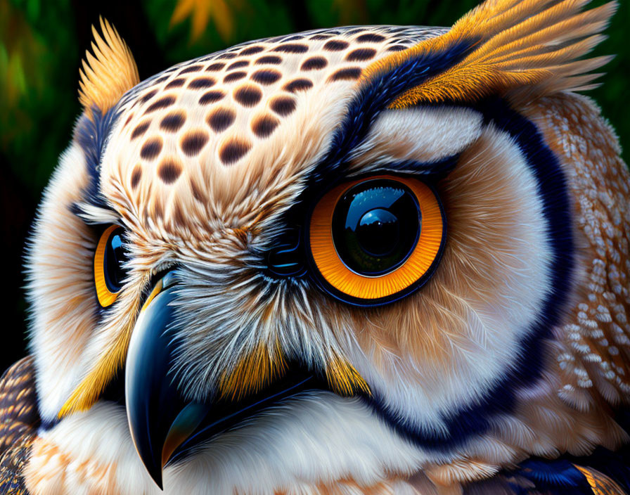 Detailed Close-up of Owl with Vivid Orange Eyes and Sharp Beak