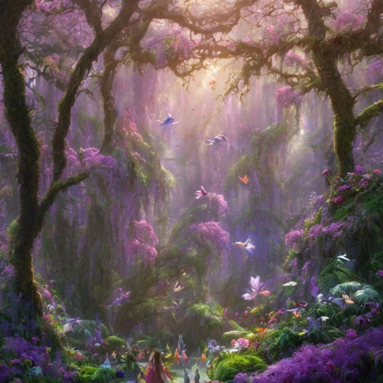 Mystical forest with twisting trees, hanging moss, purple flowers, and ethereal light.