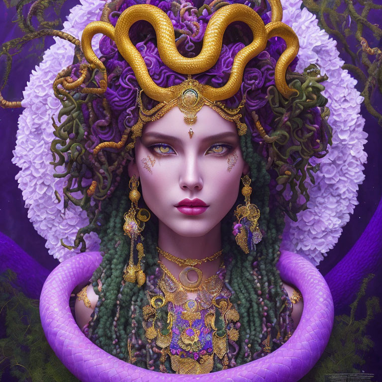 Digital art portrait of woman with serpentine features, gold jewelry, snake-like headdress, purple