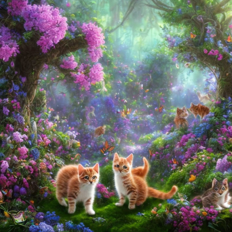 Orange-and-white kittens in vibrant forest with purple hues and playful cats.