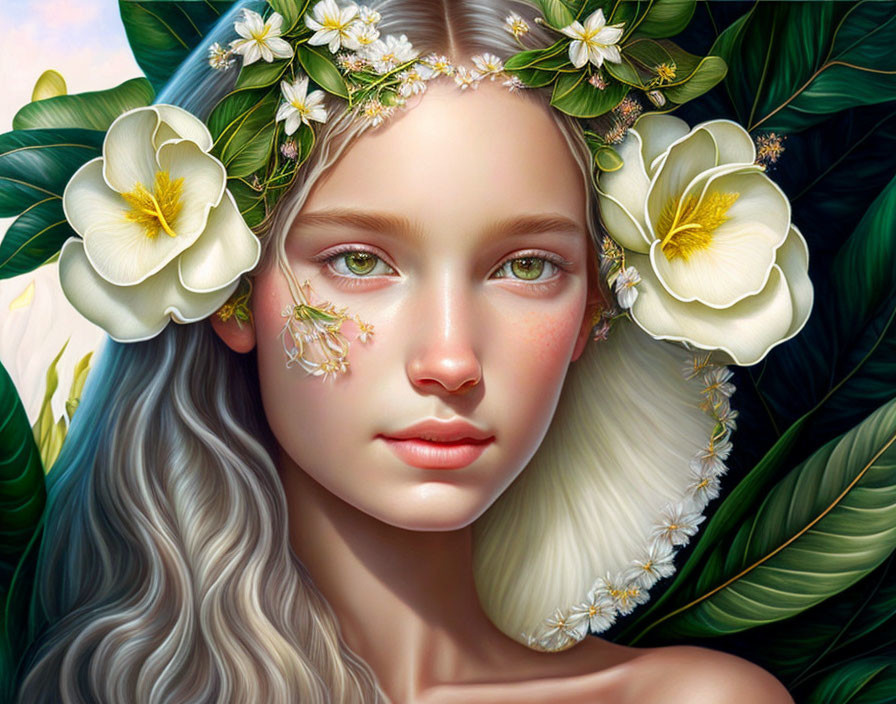 Detailed digital artwork: young woman with floral crown in serene setting