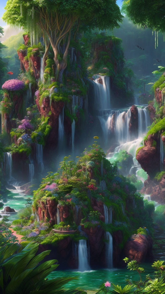 Verdant landscape with cascading waterfalls and lush greenery