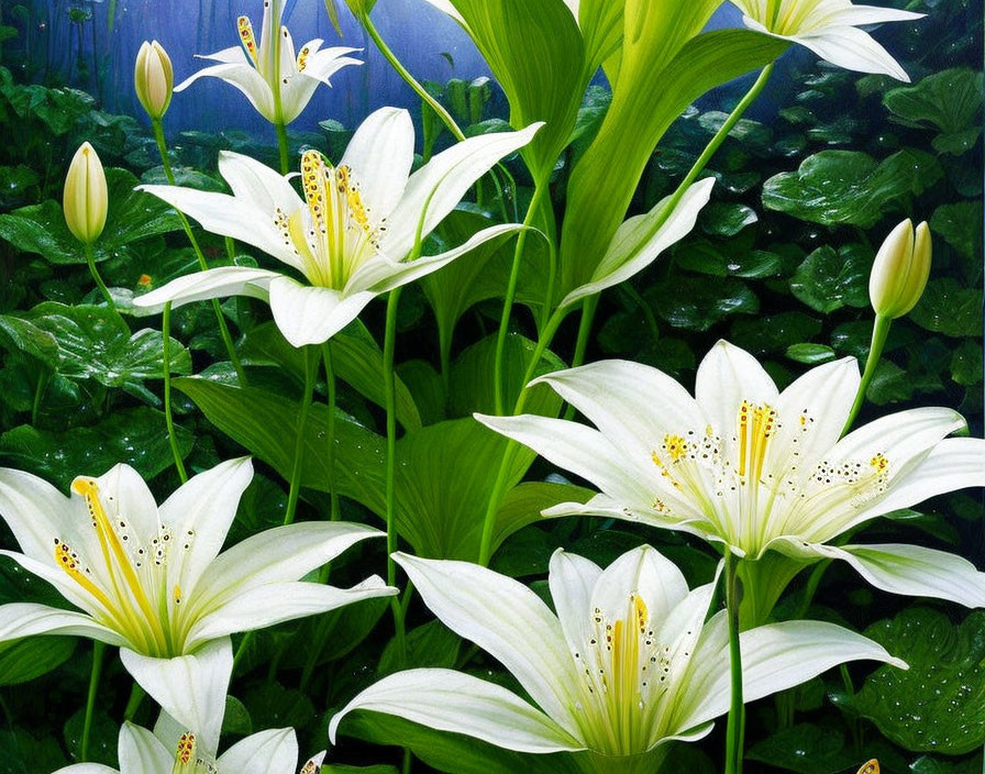 Blooming white lilies with yellow stamens and dew drops on petals and leaves