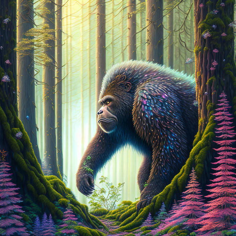 Colorful Gorilla in Enchanted Forest with Sunlight Filtering