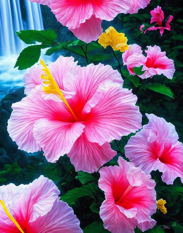 Bright Pink Hibiscus Flowers with Yellow Stamens and Waterfall