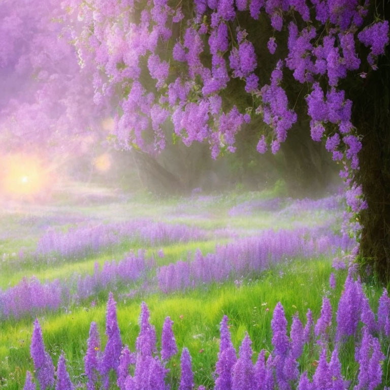 Tranquil landscape with purple wisteria tree and lavender field