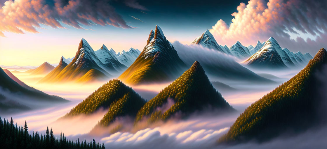 Panoramic landscape of towering mountains and misty valleys at dawn