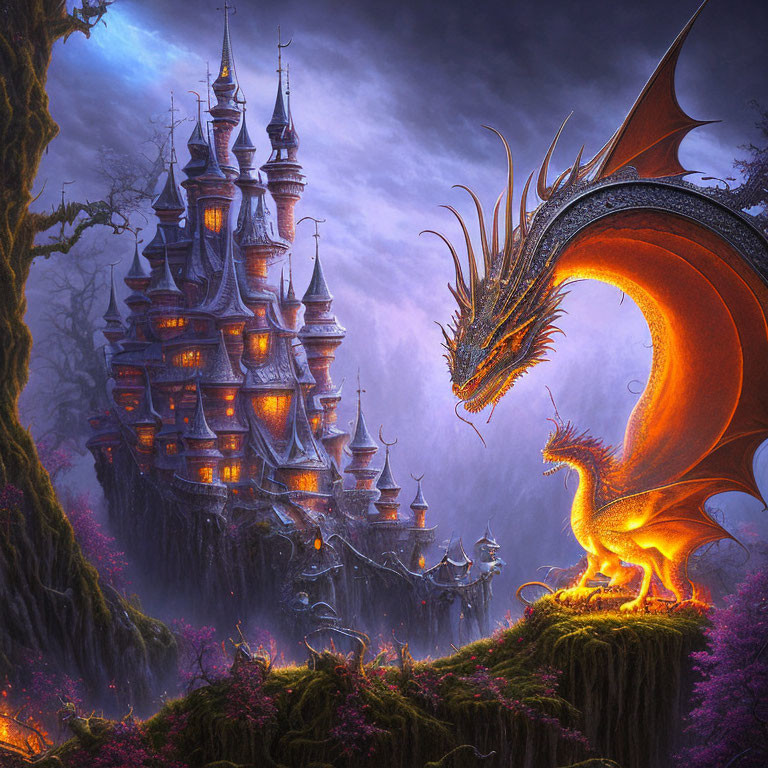 Majestic dragon with glowing scales by enchanted castle on cliff surrounded by mystical purple flora and ethereal