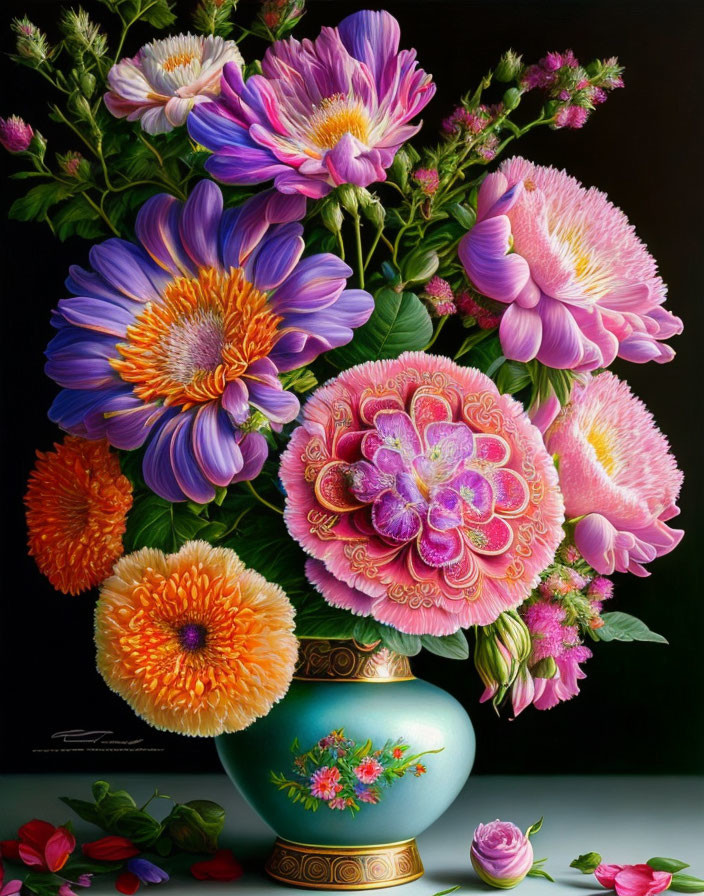 Colorful Flower Bouquet in Blue Vase on Dark Background