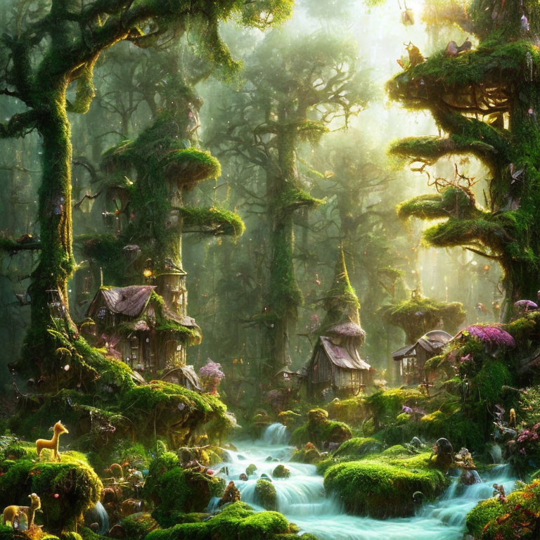 Moss-Covered Trees and Whimsical Treehouses in Enchanted Forest
