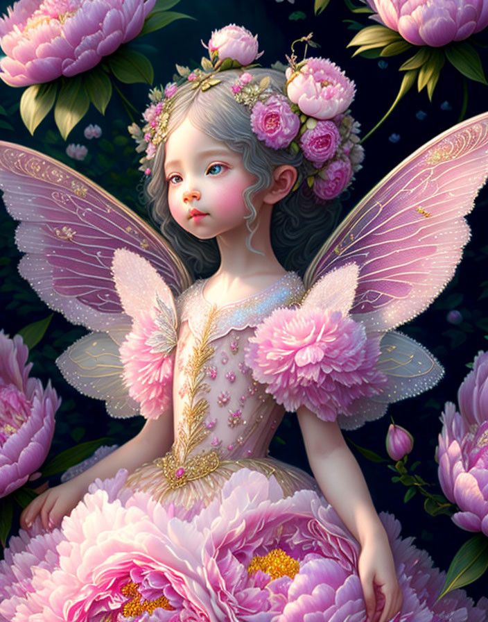 Young fairy with pink flower-adorned hair and petal dress among blooming peonies