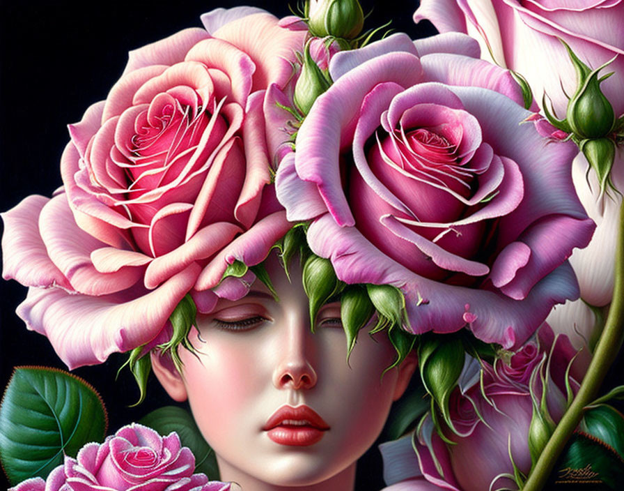Woman's face adorned with blooming roses and green leaves in surreal artwork