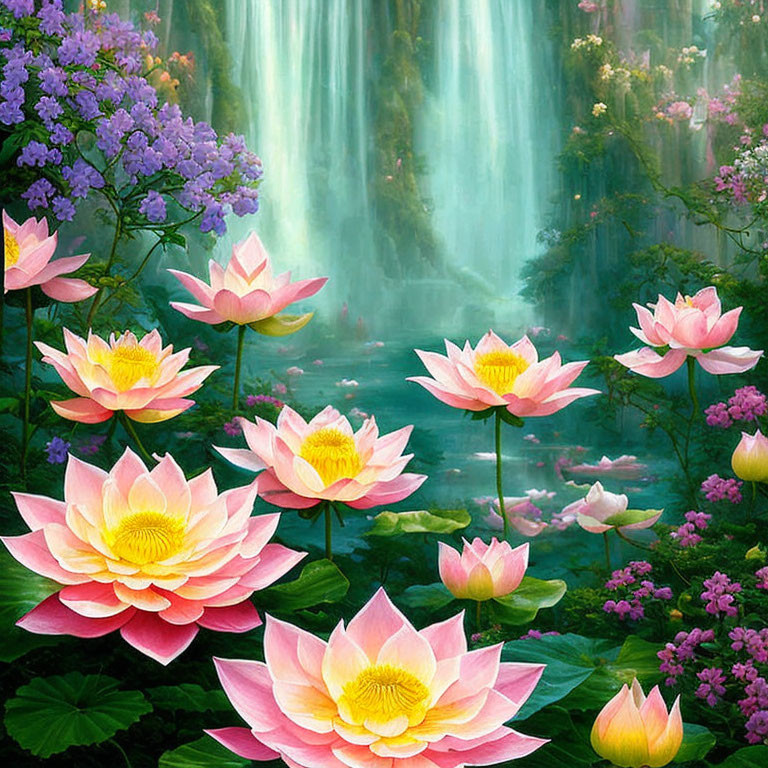 Pink Lotus Flowers Blooming Over Tranquil Pond