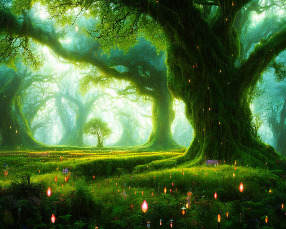 Magical tree in lush enchanted forest glade