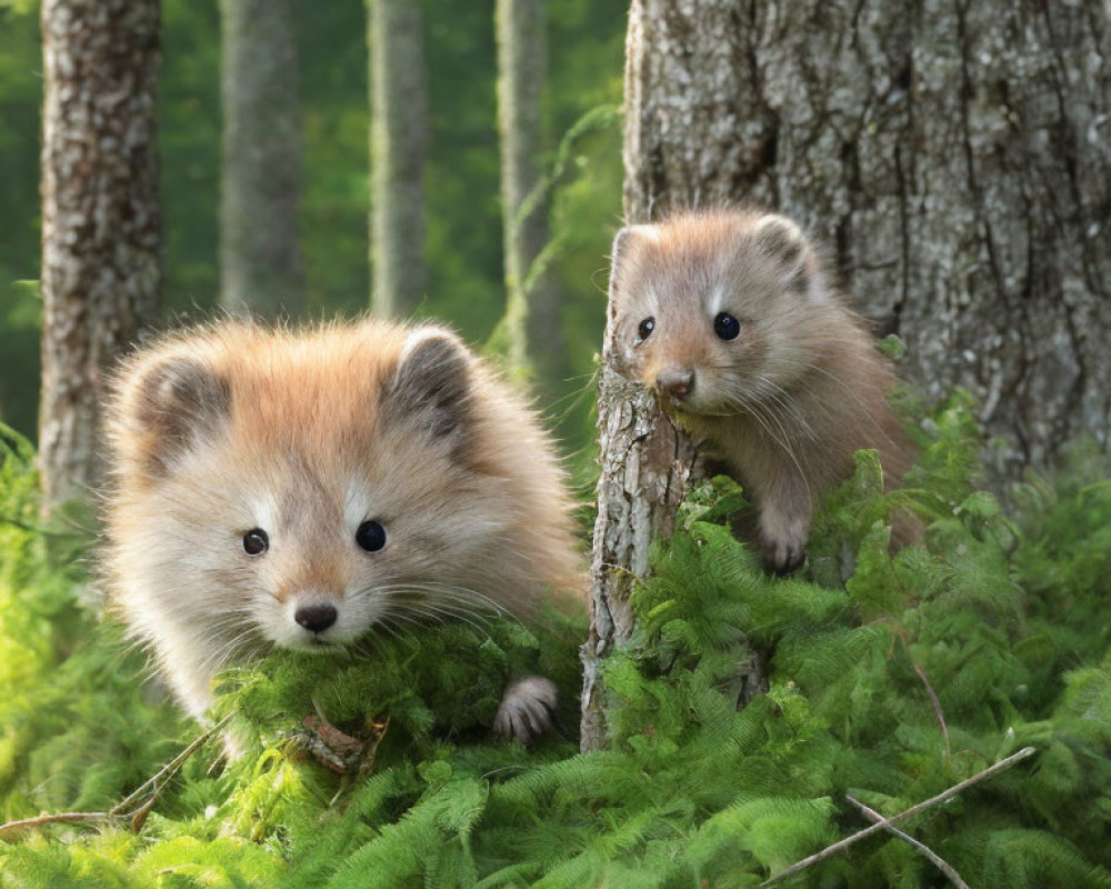 Fluffy bear-ferret hybrids in lush green forest