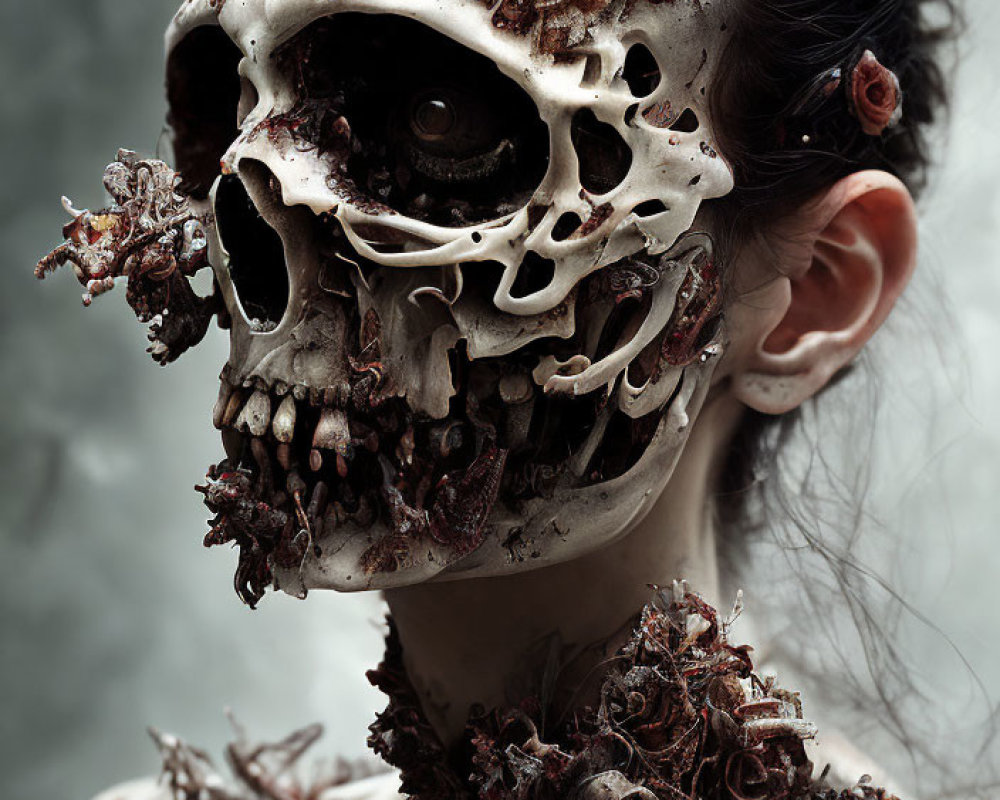 Skull-like face with twisted textures and dark flowers