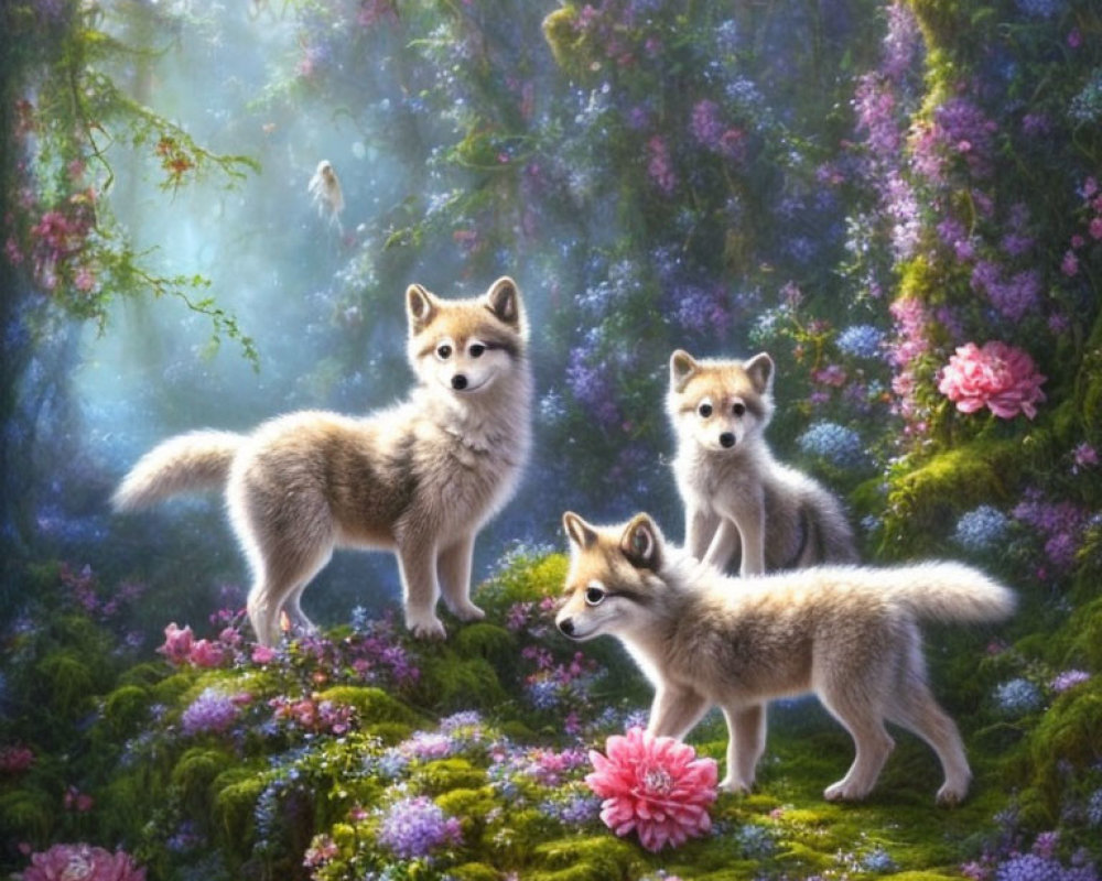Mystical forest scene with three wolves and vibrant flowers