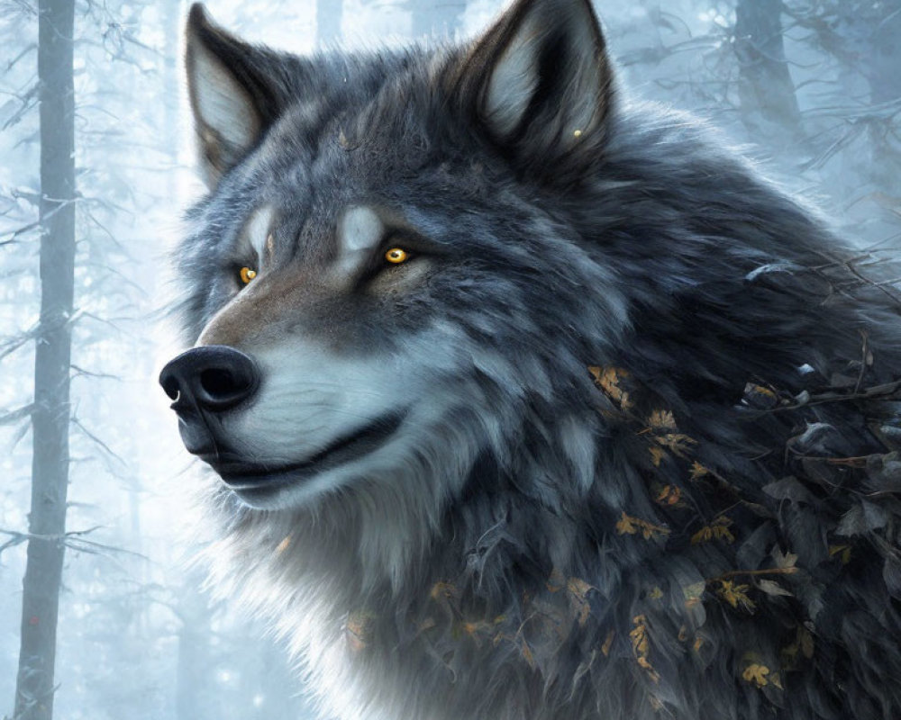 Detailed illustration of wolf with yellow eyes and leaf-covered coat in winter forest.