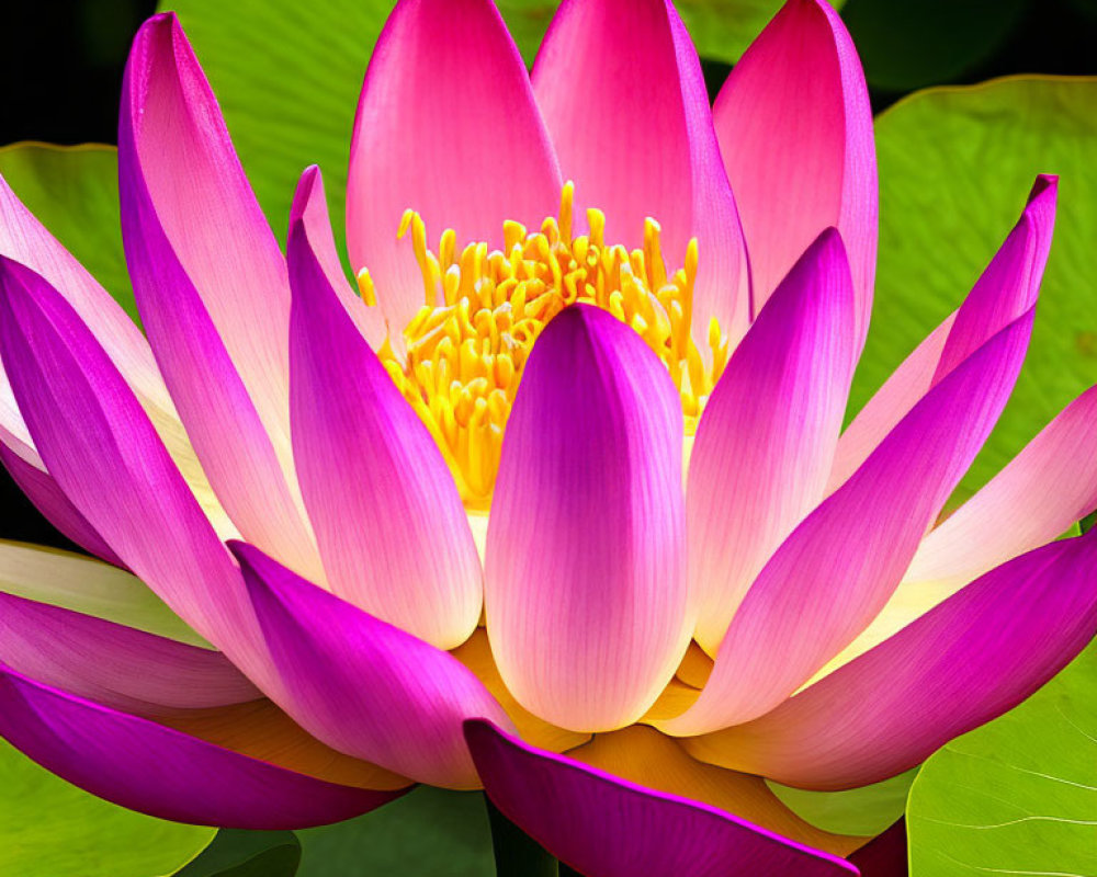 Colorful Pink and Purple Lotus Flower with Yellow Center on Dark Green Leaves