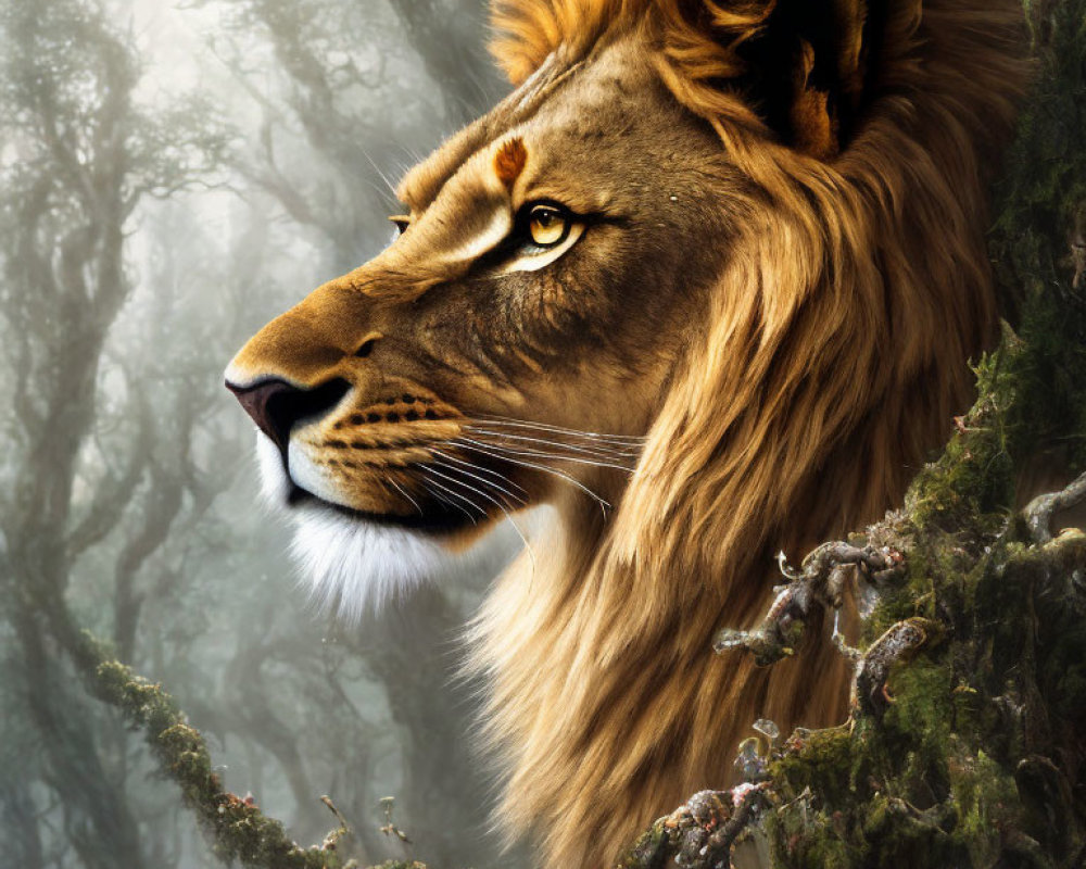 Majestic lion head blends with misty forest in symbolic image