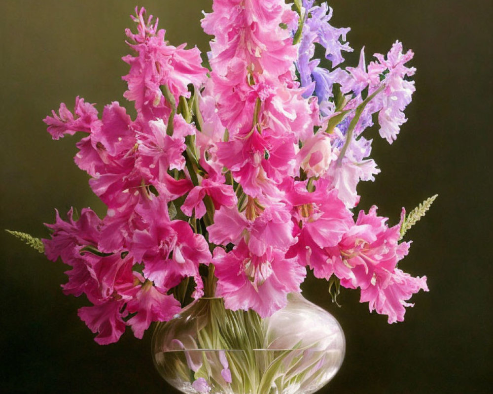 Pink Gladiolus Flowers in Glass Vase on Table