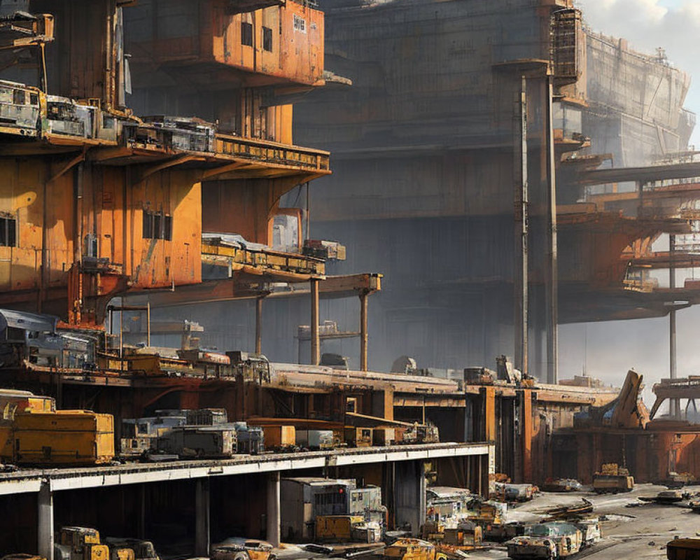 Futuristic industrial scene with towering structures and vehicles in warm-lit haze