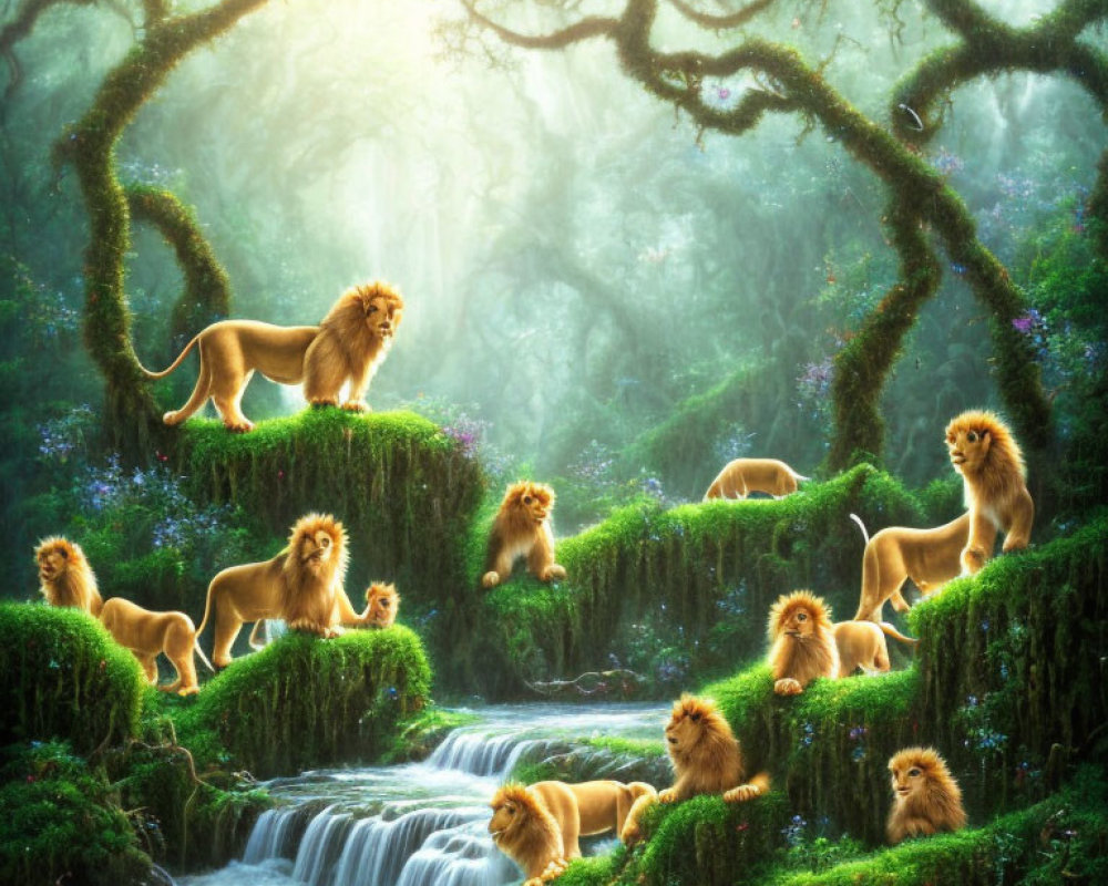 Majestic lions in serene mythical forest landscape