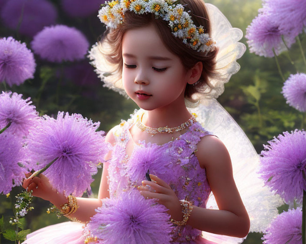 Girl in Purple Fairy Dress with Floral Crown in Dreamy Garden Setting