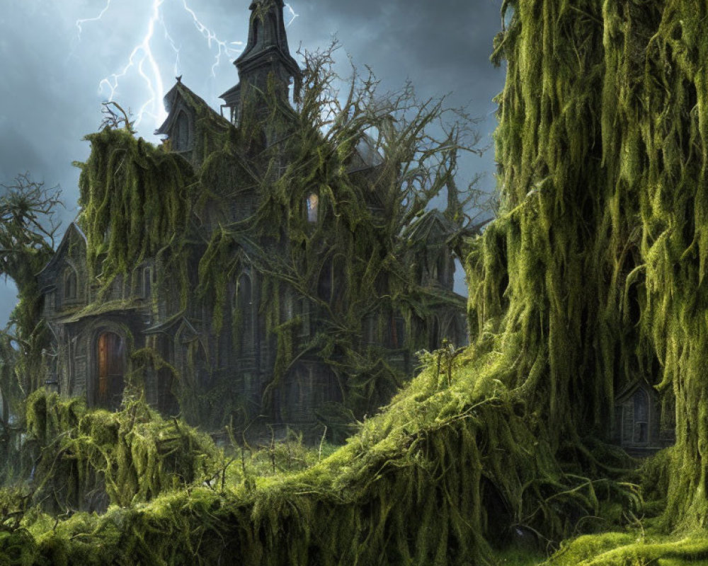 Eerie gothic mansion in dense overgrowth under stormy sky