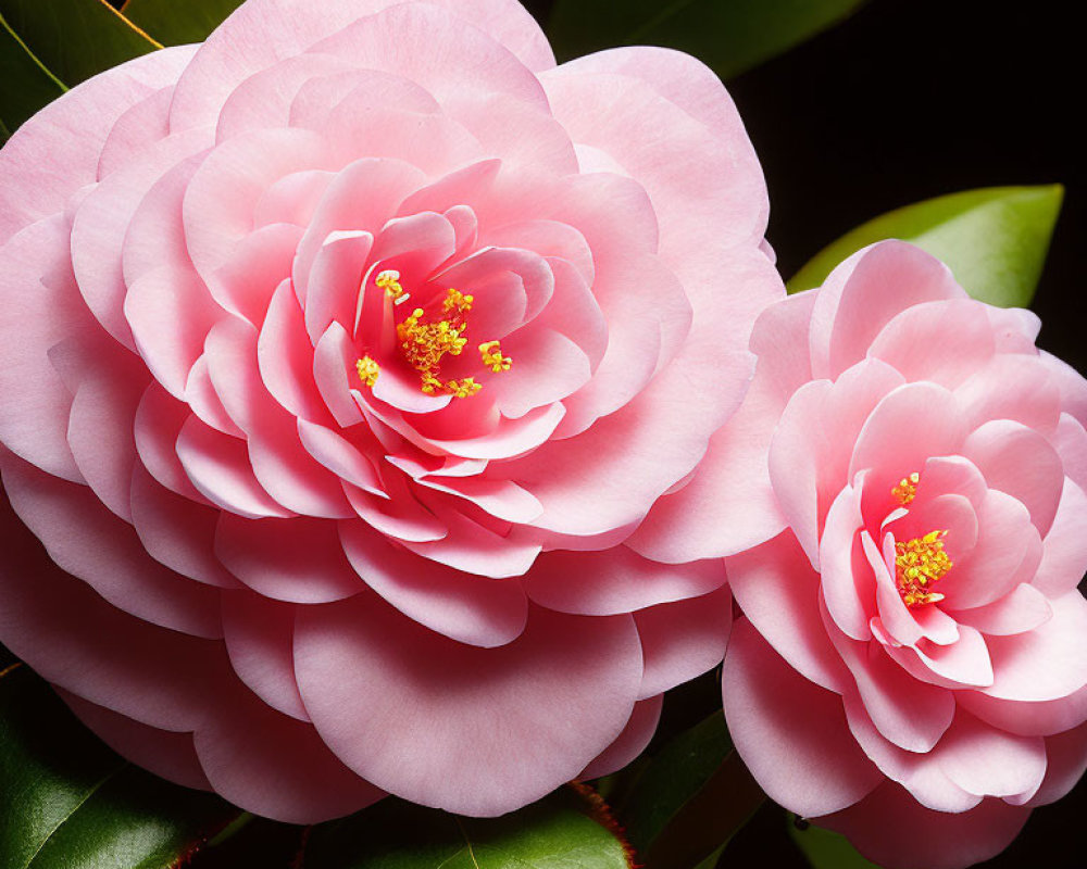 Vibrant pink camellia flowers with green leaves on dark background