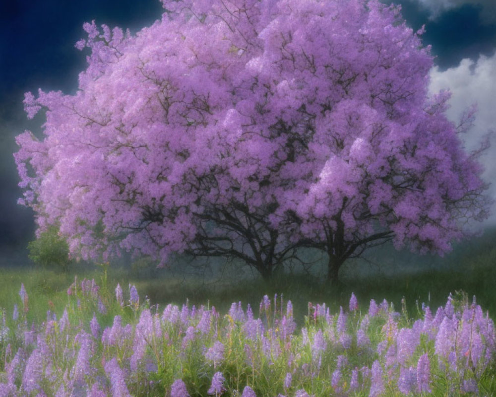 Pink tree in full bloom surrounded by purple flowers under dramatic cloudy sky