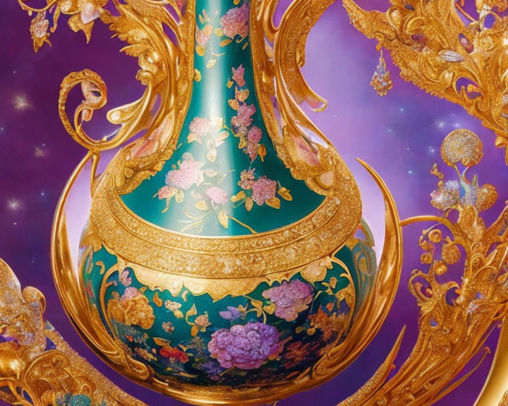 Intricate Golden Vase with Floral Designs on Purple Starry Background